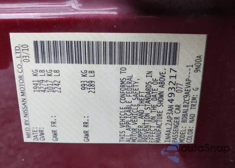 2010 Nissan Altima 2.5 S from USA, damaged, VIN 1N4AL2AP3AN493217